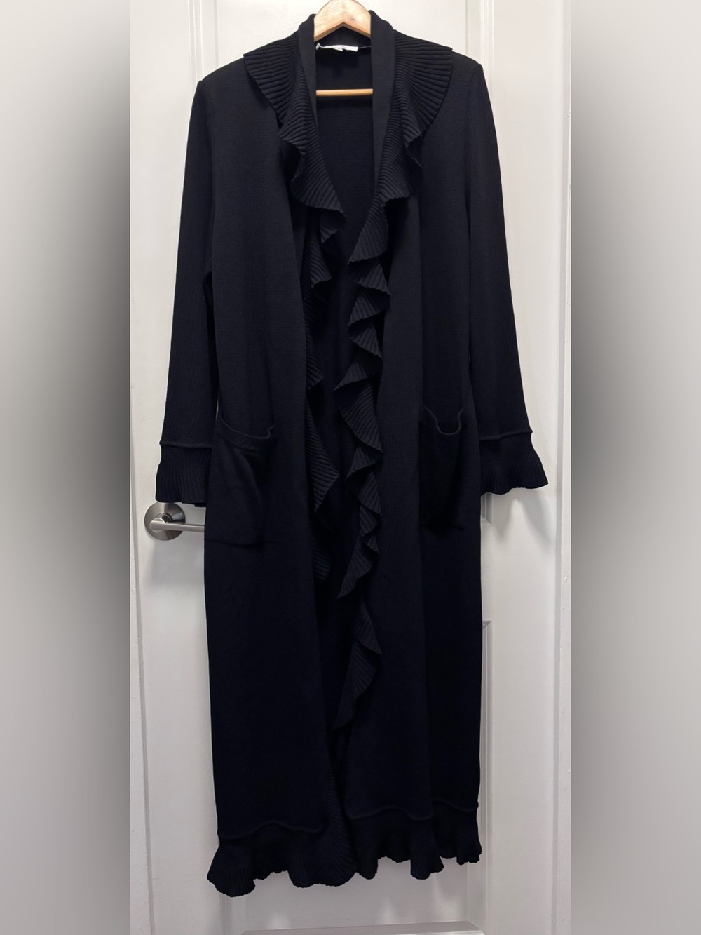 St. John Black Long Ruffle-Front Knit Cardigan